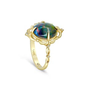 Black opal 14k gold ring/ Rainbow opal ring/ Cabochon opal ring/ Vintage style opal ring/ Ethiopian Opal Engagement Ring/ Art-deco opal ring