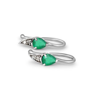 14k gold earrings with natural emerald and diamonds/ Minimalist emerald earrings/ Emerald gold earrings/ Pear emerald earrings
