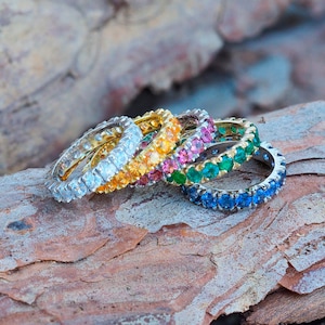 Eternity ring set/ blue, yellow, white, pink sapphire and emerald/ Gemstone eternity 14k gold ring band/ Infinity gold ring/ Gift for her