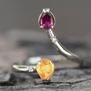 Sapphire, garnet 14k gold ring/ Yellow sapphire, red garnet Open Ended ring/ Free size gold ring/ Pear sapphire, garnet ring