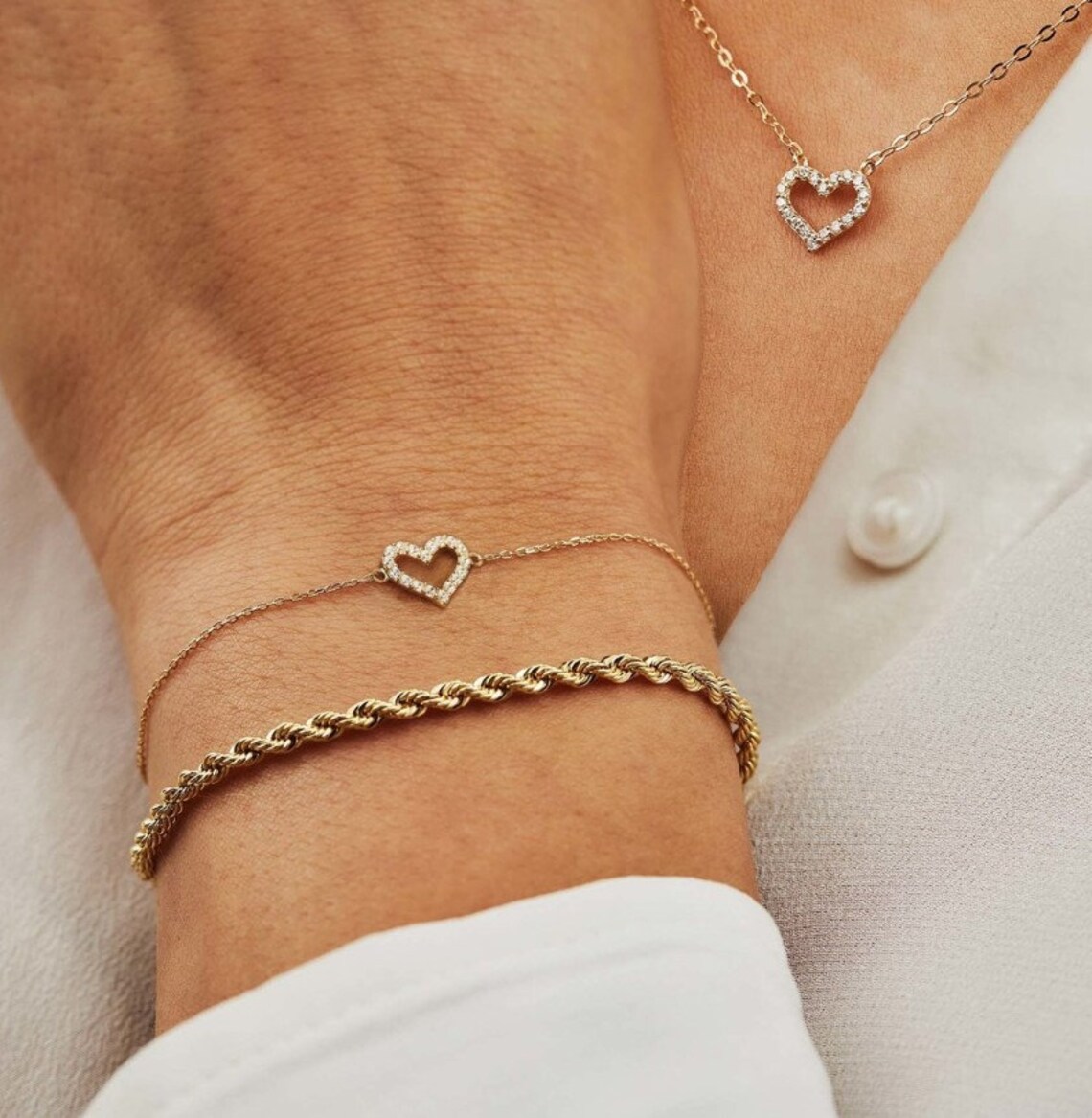 14k Solid Gold Heart Bracelet. Heart Bracelets for Women. Etsy