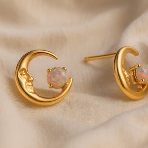 Opal, Crescent Moon Stud Earrings in 14k Gold