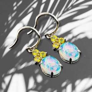 Opal, sapphire 14k gold earrings/ Vintage opal earrings/ Ethiopian opal earrings/ October Birthstone earrings/ Oval cabochon opal earrings