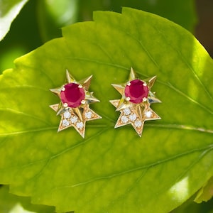 14K Solid Gold Ruby, Diamond Star Stud Earrings/ Round genuine ruby stud earrings/ Solar Celestial Star Earrings/ July birthstone