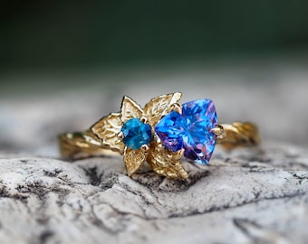 Echter Tansanit-Ring in 585er Gelbgold. Echter Tansanit Ring. Violett blauer Tansanit Ring. Blumen-Ring. Dezember Geburtsstein. Gold Vintage Ring.