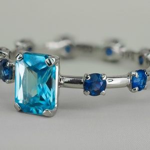 14k gold ring topaz and sapphires/ Octagon topaz Engagement Ring/ Full Eternity sapphire ring/ Blue gemstones ring/ Everyday, casual ring
