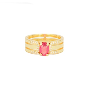 Vintage Ring 1980s Mens Ruby Crystal 18kt Gold Plated