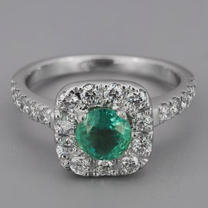 Diamond Halo emerald 14k gold ring/Emerald and diamonds gold ring/Vintage style Emerald Ring/ Emerald engagement ring/Statement gold ring.