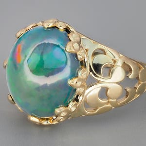 Black opal ring in 14 karat gold/ Ethiopian opal cabochon ring/ Opal ring vintage/ Multicolor opal ring/ Opal engagement ring