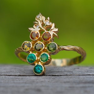 Solid 14k Gold Grape Ring With Natural Emeralds and Tourmalines/ May ...