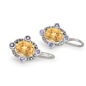 Citrine 14k gold drop earrings/ Oval Citrine 14k gold earrings/ 14 kt gold earrings with Citrines, sapphires and diamonds