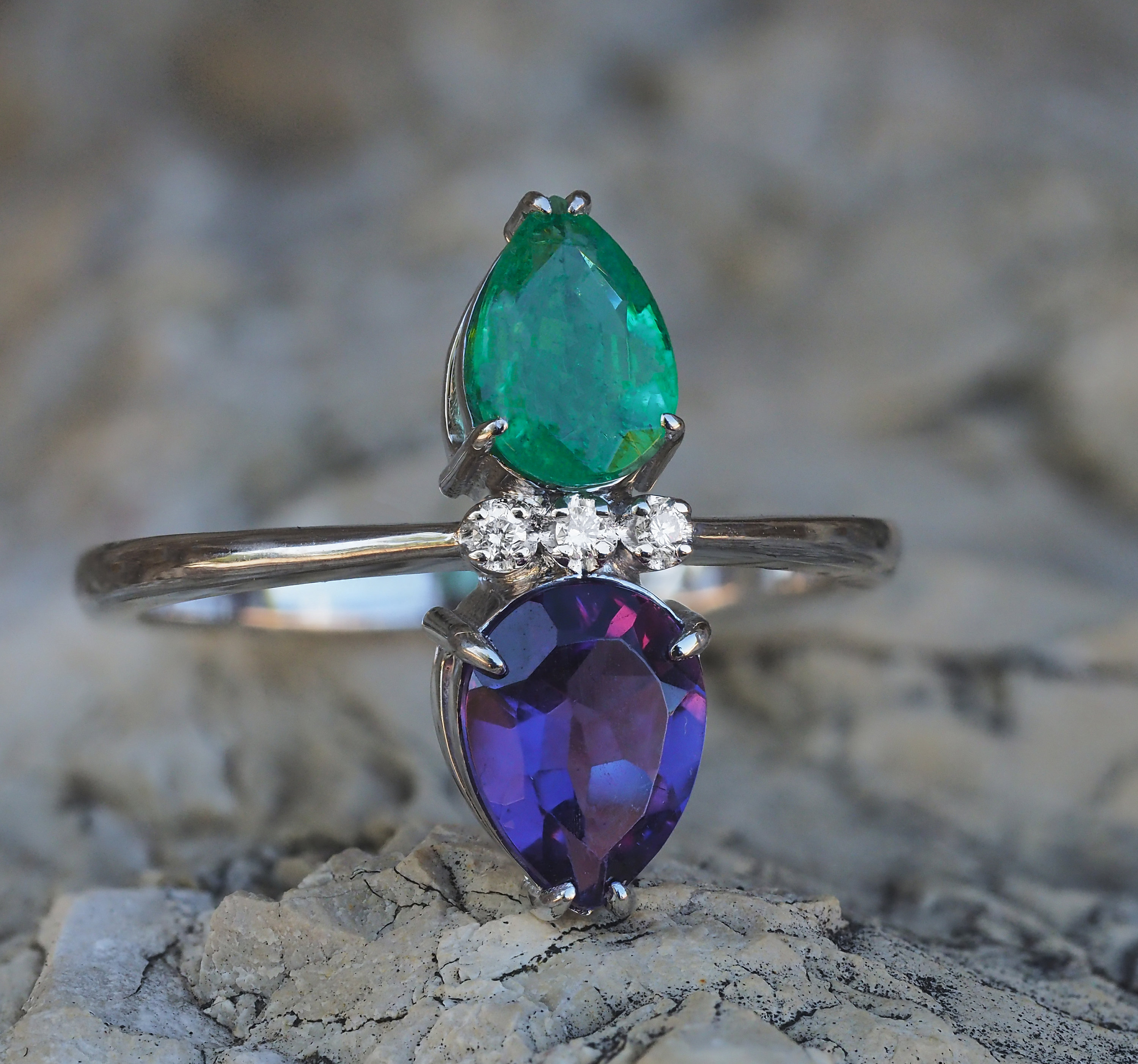Emerald and Amethyst Ring /Diamond Emerald Ring / Pear Cut Etsy