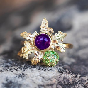 Thistle ring with amethyst in 14k gold/ Thistle gold Ring/ Flower gold ring/ Amethyst and peridot ring/ Leaf gold Ring/ Flower gold ring