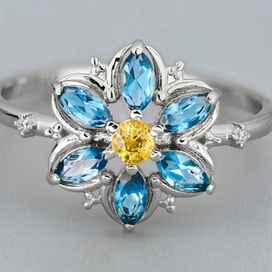 Forget Me Not gold ring with topaz/ Marquise topaz ring/ Sky blue topaz ring/ Floral Band With topazes and sapphire/ Alaska floral ring
