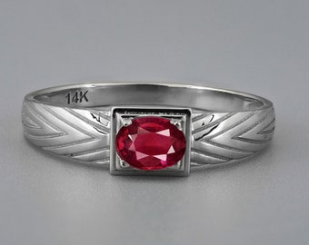 14k Gold Mens Ring with Ruby.  Gold ring for men with ruby. Unisex ring with ruby. Natural ruby ring. Oval ruby ring.