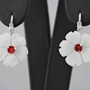 Flower 14k gold earrings with Garnet/ Garnet and carved mother of pearl earrings/ Garnet gold earrings/ Gold earrings for girl