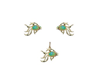 Colgante Pez de oro de 14k y aretes engastados en oro de 14k. Colgante y aretes con forma de pez de oro de 14k. Joyería de peces pequeños animales.