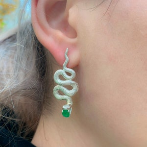 Massive snake earrings  Genuine emerald and diamond earrings/ Two metal earrings/ yellow gold and silver/ Serpent Earrings for Women Large