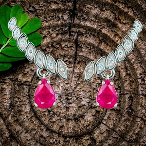 Genuine 1.50 ct rubies and diamonds earrings studs/ 14k solid gold studs/ Pear cut ruby earrings/ July birthsone