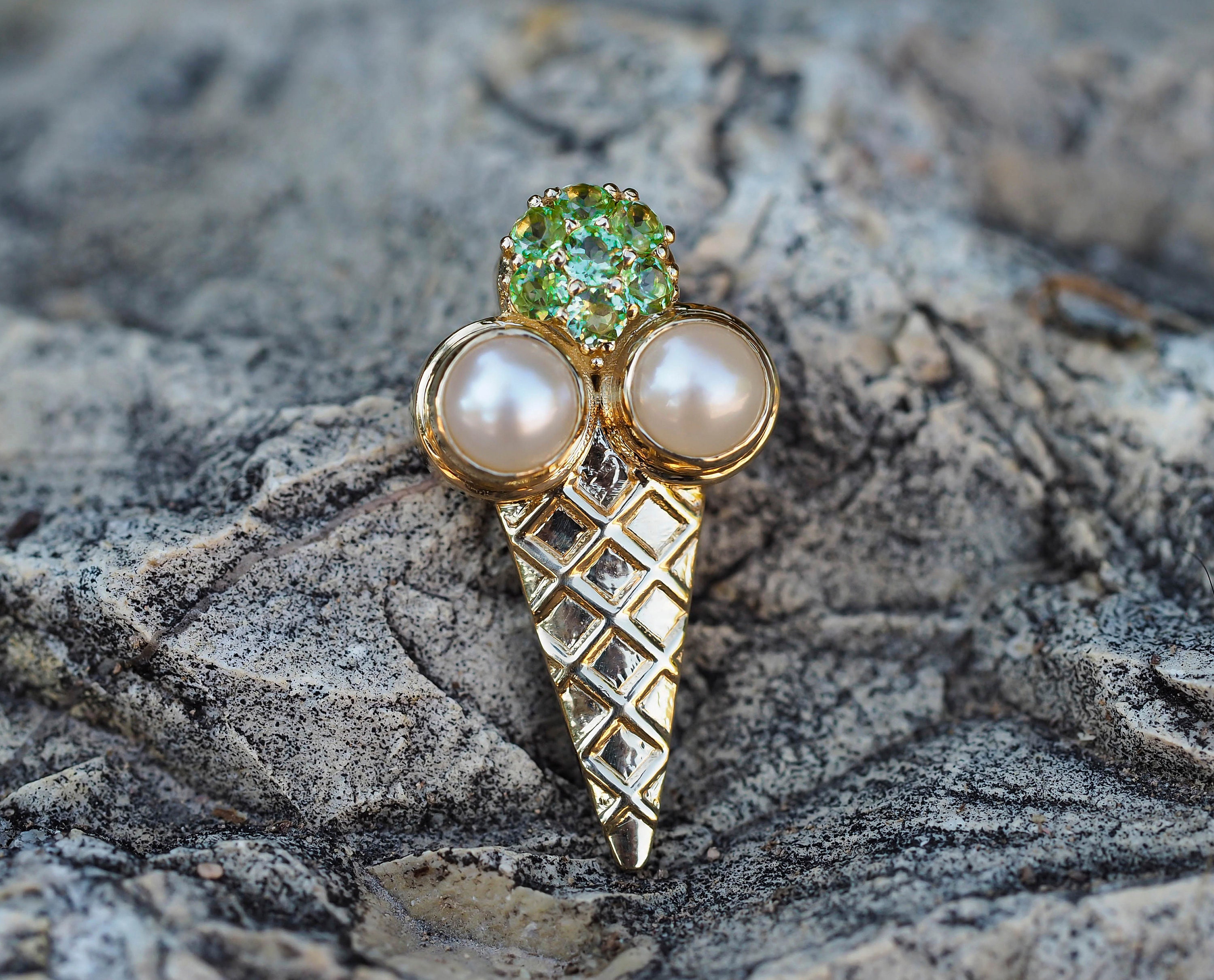 Ice Cream Pendant With Pearld Peridots. 14k Gold Pendant With