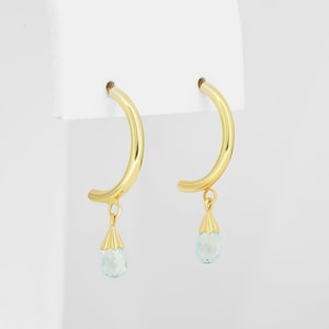 Topaz Briolette Drop Hoop Post Earrings in Yellow 14k Gold/ Topaz huggy hoop earrings/ Danity hoops in 14k gold/ Blue topaz hoop earrings