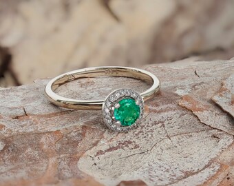 Diamond halo emerald ring in 14k gold. Emerald engagement ring. Emerald gold ring. Halo emerald ring with diamonds. May birthstone ring.