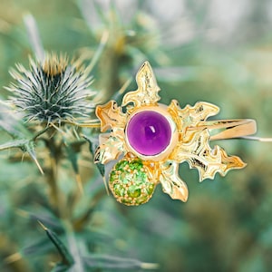 Thistle ring/ Amethyst 14k solid gold ring/ Scottish Thistle Ring/ Flower gold ring/ Amethyst ring/ Purple gem ring/ February birthstone