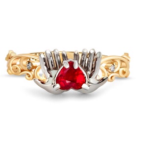 Heart ruby 14k gold ring/ Heart in hands ruby ring/ Ruby gold ring/  Love heart ring/ Valentine&#39;s Day Jewelry Sale/ July birthstone ring