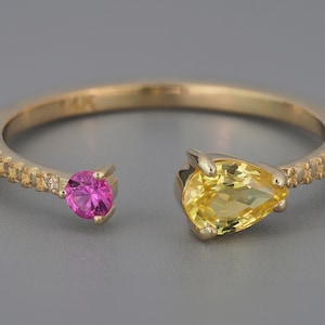 Anillo de oro de 14k con zafiro amarillo / Anillo de oro con zafiro en forma de pera / Anillo de zafiro genuino / Anillo de compromiso abierto / Anillo de zafiro pequeño / Anillo de zafiro delicado