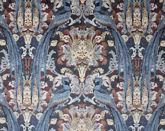 Damask Velvet Fabric: Slate Blue Bird Print, Upholstery & Curtains