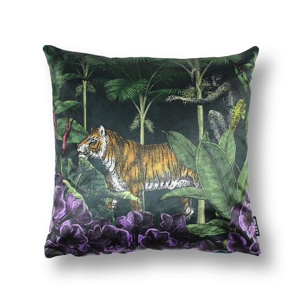Jungle cushion - Tiger and monkey cushion - Jungle throw pillow - Velvet cushion