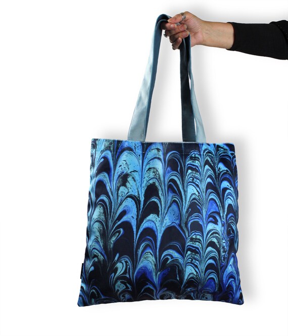 Marble effect luxury velvet shoulder bag Velvet tote bag Blue marble pattern velvet bag Etsy