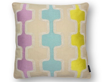Embroidered geometric cushion | Retro pillow | Pastel cushion | 43cm x43cm / 17in x 17in