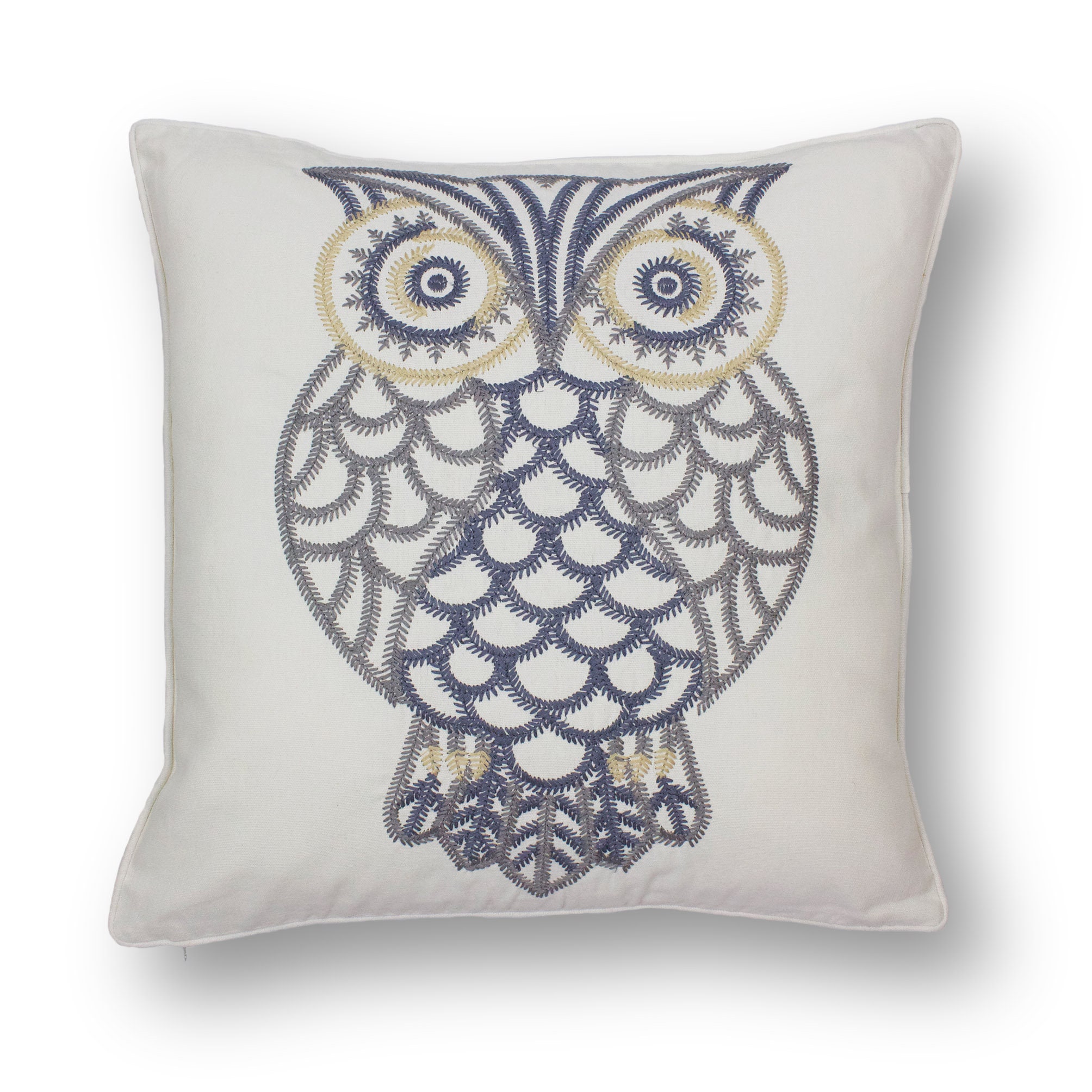 Embroidered Owl Cushion: Grey & Cream Cotton Pillow