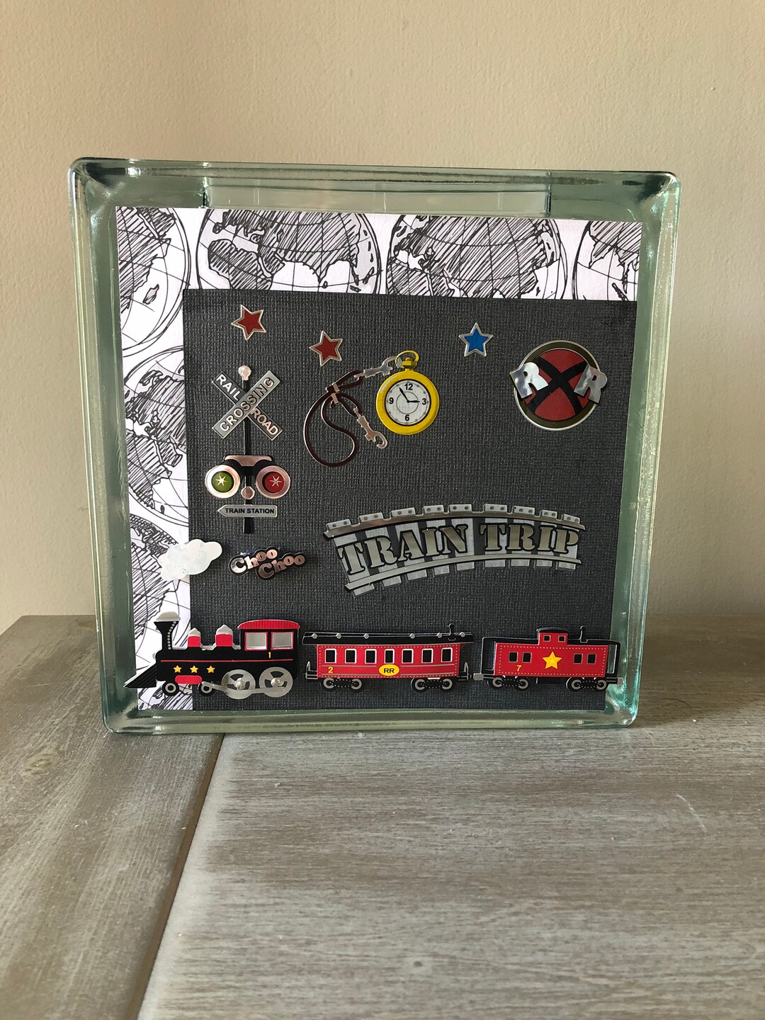 Train Glass Block Piggy Bank Etsy