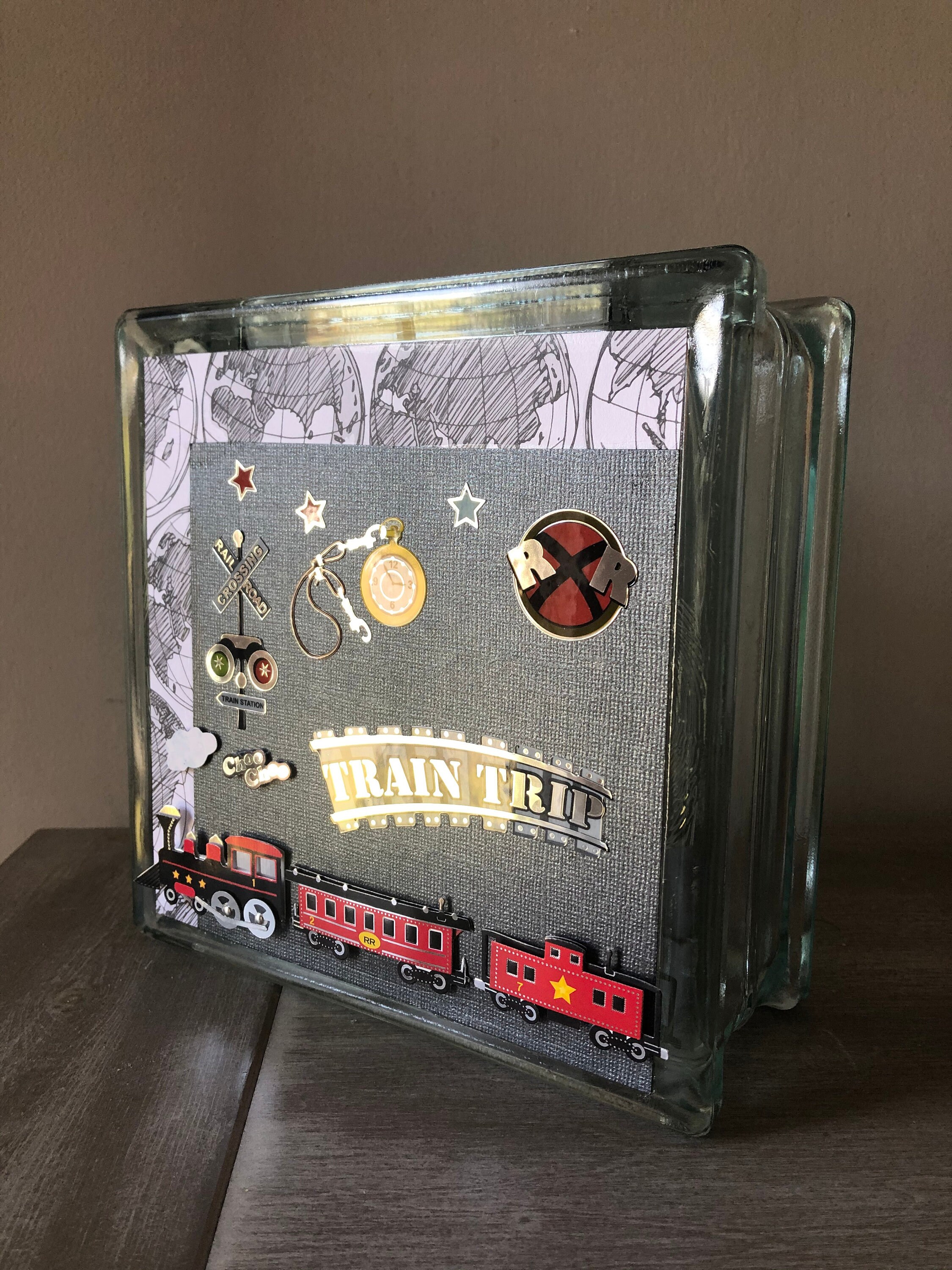 Train Glass Block Piggy Bank Etsy