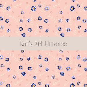 Sommer Blumen Muster blau rosa, Seamless Pattern Tile, Blüten Blätter, Nahtloses Muster, Stoff Vinyl, 38x38 cm 300 DPI, Sofortiger Download