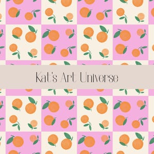 May include: A repeating pattern of oranges and leaves on a pink and cream checkered background. The text "Kat's Art Universe" is displayed in a light brown banner across the image.