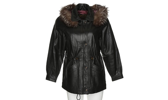 1990's Black Leather With Fur Trim Hooded Jacket