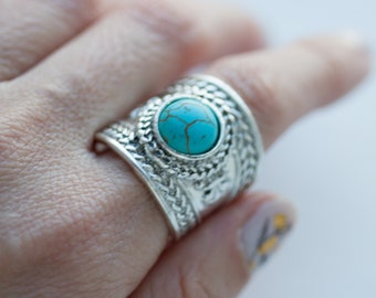 Chunky Turquoise Ring, Turquoise Silver Ring, Turquoise Band Ring, Large Band Ring, Silver Bohemian Ring, Chunky Stone Ring, Mother Gift