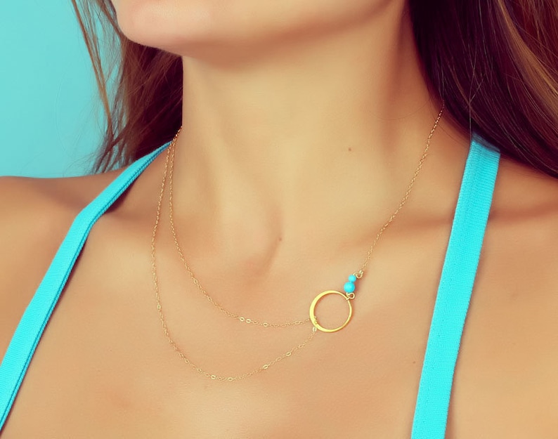 Bridal Jewelry 0063BN Layered Turquoise Necklace Mom Gift Double Strand Necklace Silver Circle Necklace Gold Layered Necklace