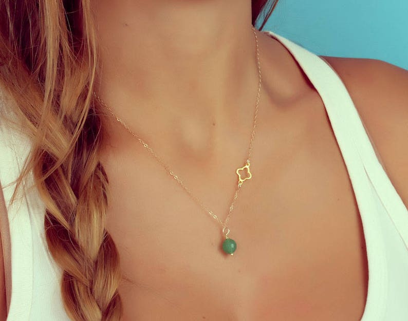 St Patricks day Jewelry Green Stone Pendant Aventurine Necklace Clover Necklace 0083BN Tiny Clover Necklace Bridal Shower Gift