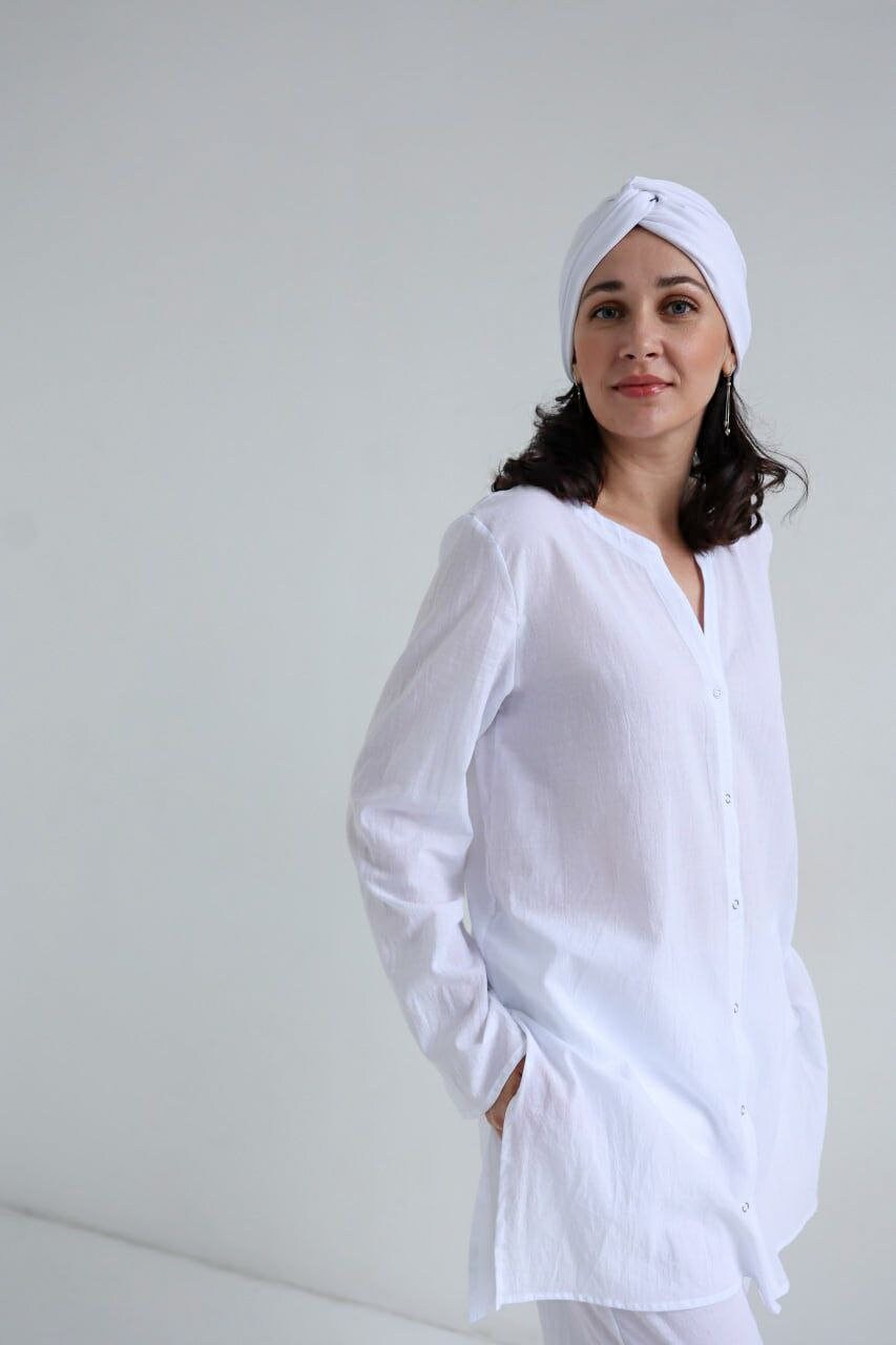 Kundalini White Cotton Yoga Set Women Button Down Tunic Dress High