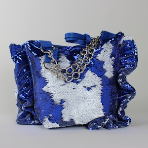 DODGERDOLL/ MINI SHOPPER (Reversible sequins and leather mini shopper with sequins ruffle detail) Go Dodgers! Available in May