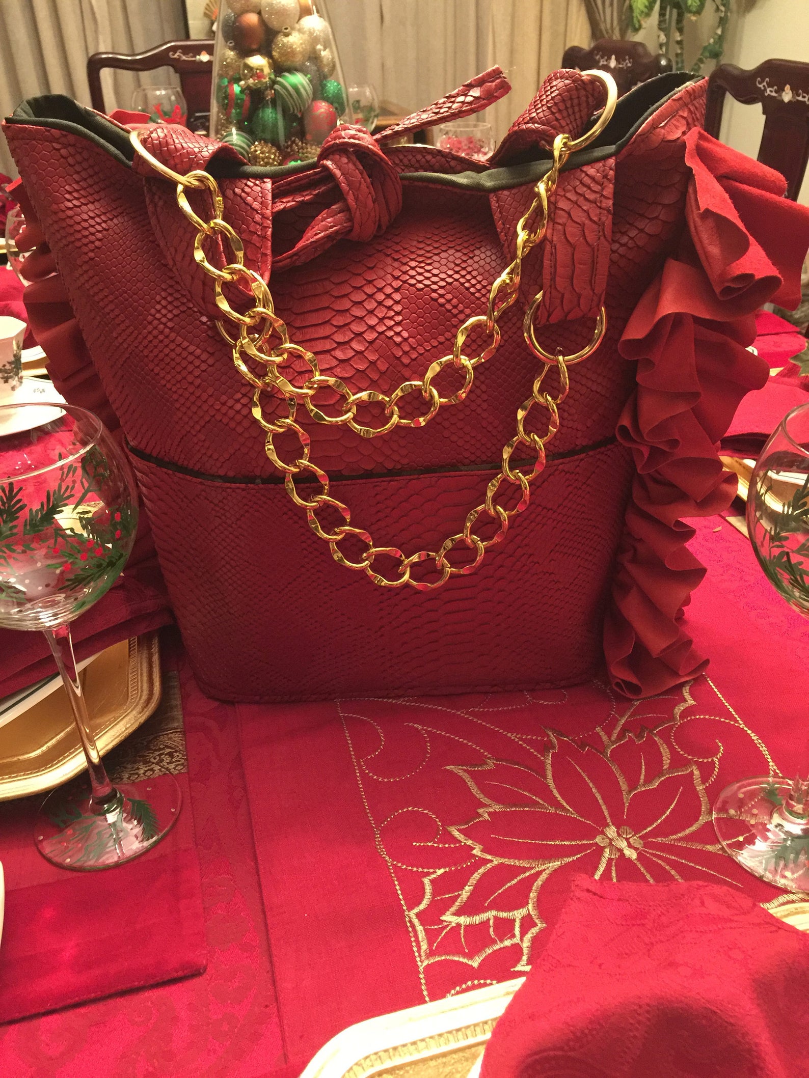 RED HOT/ (faux Python Skin Vinyl Handbag With Suede Ruffled Detail ...
