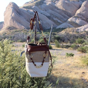 The Wanderer (Quilted lambskin and leather tote with burlap panel)