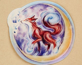 Fox Moon - Holographic Iridescent Vinyl Sticker, Gloss Sticker, Art Sticker