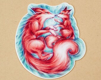 Fox and Cub - Vinyl Sticker, Gloss Sticker, Art Sticker
