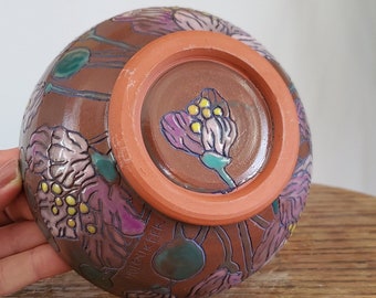 Handmade Terra Cotta Cereal Bowl with Pink + Purple Flowers