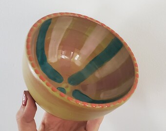 Small Chartreuse Bowl with Stripes + Dots